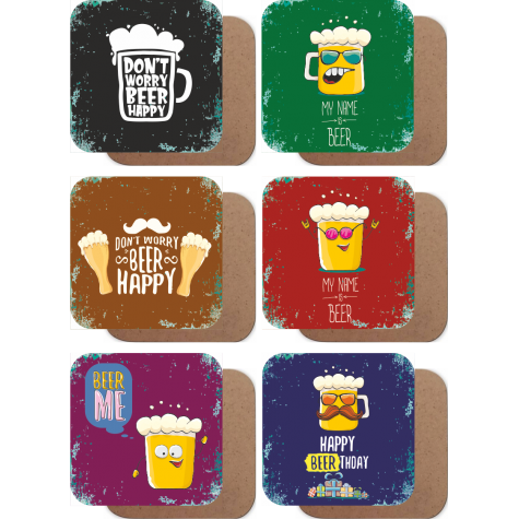 renkli emojilerle bira bardakları 6lı ahşap bardak altlığı seti