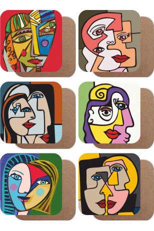 Picasso tarz modern 6lı ahşap bardak altlığı seti