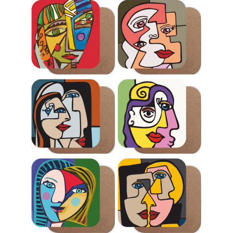 Picasso tarz modern 6lı ahşap bardak altlığı seti