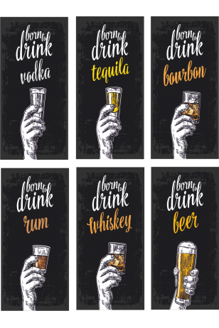 Time To Drink içki zamanı 6lı mini retro ahşap poster seti (UV Baskı)