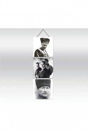 Mustafa Kemal Atatürk Üçlü Ahşap Poster