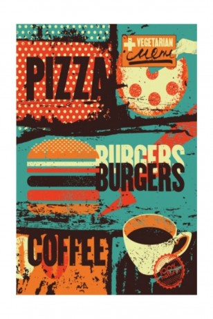 Pizza Hamburger Kahve Retro Vintage Ahşap Poster