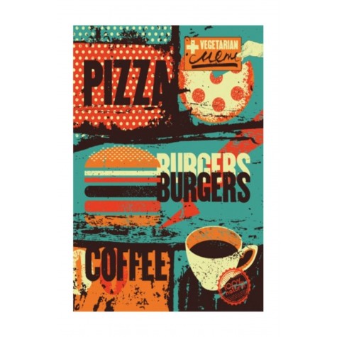 Pizza Hamburger Kahve Retro Vintage Ahşap Poster