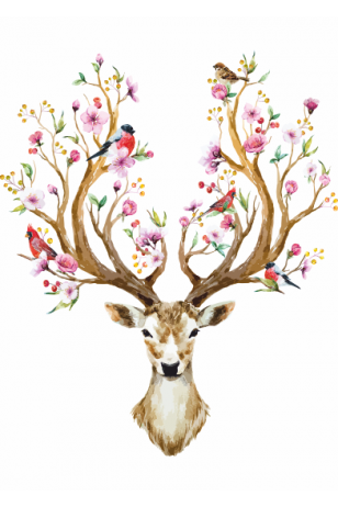Boynuzunda çiçekler kuşlar olan geyik 30 x 45 cm kuşe poster silindir kutulu kargo