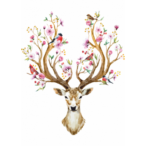 Boynuzunda çiçekler kuşlar olan geyik 30 x 45 cm kuşe poster silindir kutulu kargo