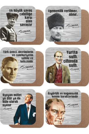 Mustafa Kemal Atatürk 6lı Ahşap Bardak Altlığı Seti