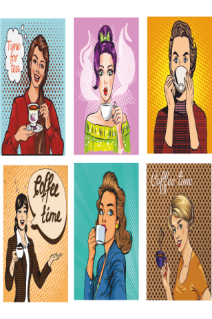 Pop Art Kahve içen kadınlar 6lı mini retro ahşap poster seti UV Baskılı