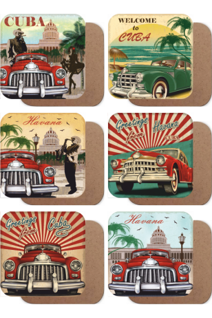 Küba Havana Klasik arabalar 6lı ahşap bardak altlıığı seti