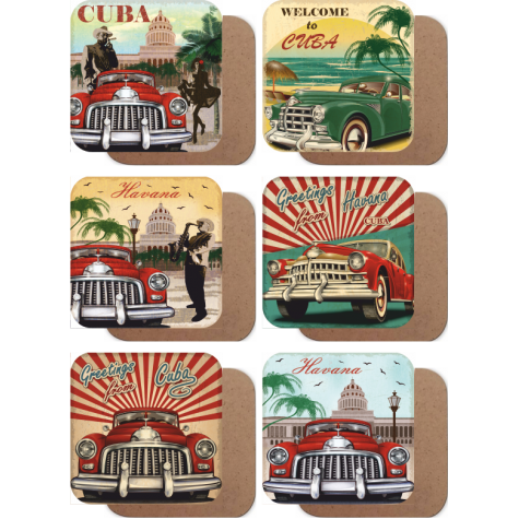 Küba Havana Klasik arabalar 6lı ahşap bardak altlıığı seti