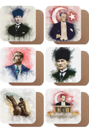 Mustafa Kemal Atatürk yağlıboya 6lı ahşap bardak altlığı seti