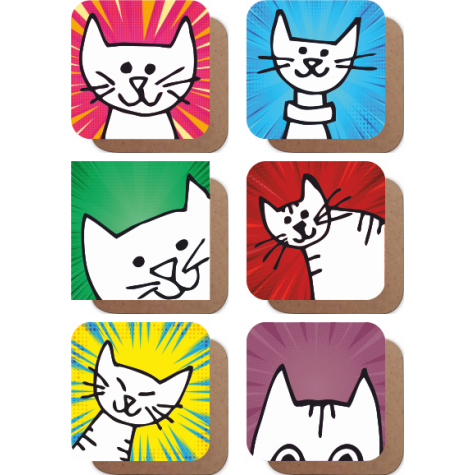 Kediler Pop Art  6lı ahşap bardak altlığı seti