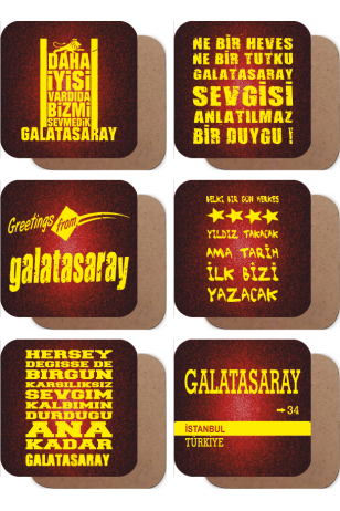 Galatasaray temalı  6lı ahşap bardak altlığı seti