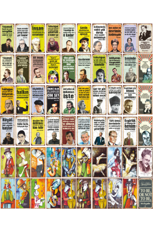 Edebiyat ve Sanat temalı 60 adet mini retro ahşap poster seti