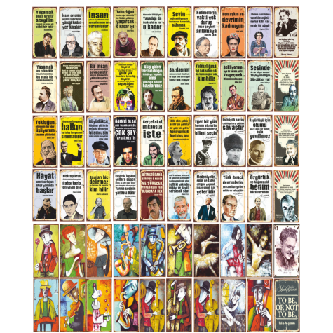 Edebiyat ve Sanat temalı 60 adet mini retro ahşap poster seti