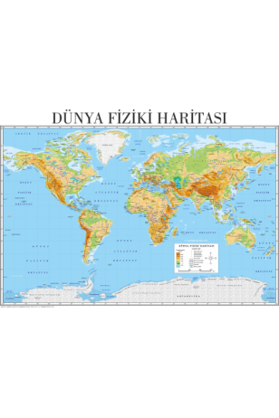 Dünya Fiziki Haritası 30 x 45 cm kuşe poster silindir kutulu kargo