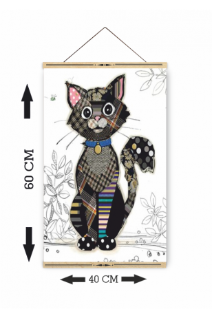 kumaş desenleriyle kedi ahşap askılı kanvas poster