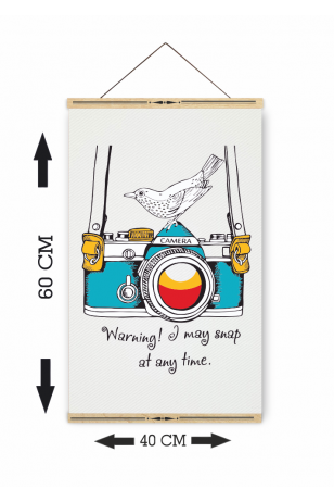kuşlu fotoğraf makinesi ahşap askılı kanvas poster