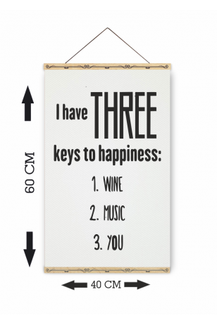 mutluluğun üç anahtarı şarap müzik sen ahşap askılı kanvas poster