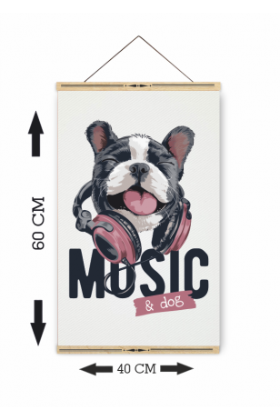 müzik dinleyen köpek ahşap askılı kanvas poster