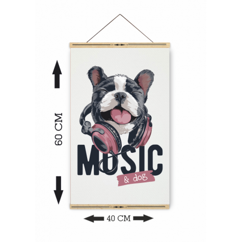 müzik dinleyen köpek ahşap askılı kanvas poster