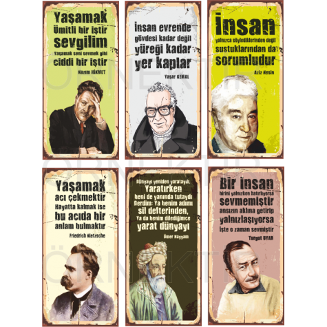 Nazım Hikmet, Yaşar Kemal, Aziz Nesin, Nietzsche, Hayyam, Turgut Uyar 6lı mini ahşap poster seti