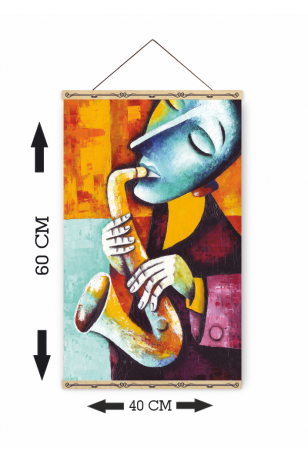 saksafon çalan müzisyen ahşap askılı kanvas poster